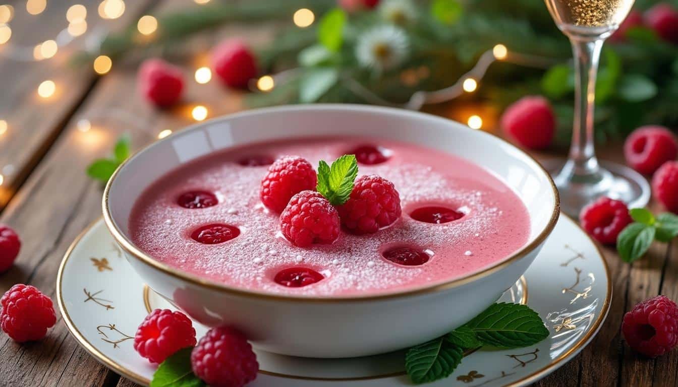 découvrez notre recette simple et festive de soupe au champagne et framboises, idéale pour émerveiller vos papilles lors des fêtes.