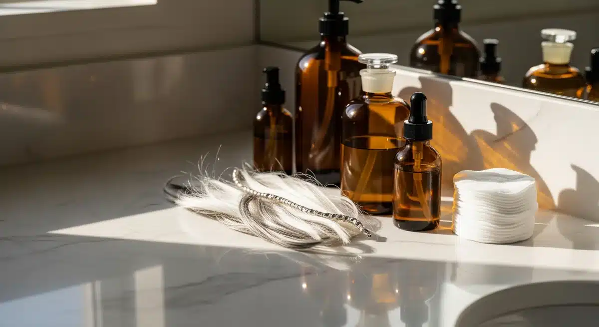 Cheveux blancs et argentés sur plan de travail avec produits de soin illustrant l'effet bétadine