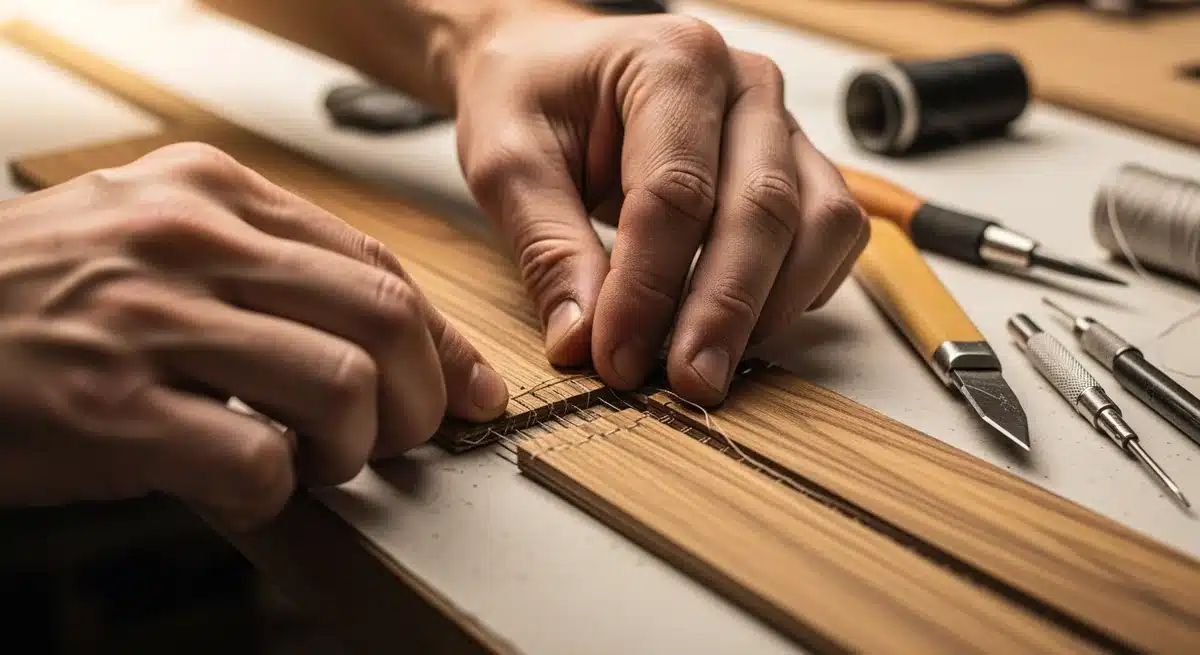 Mains d'artisan assemblant du placage bois par fibrecouture plaquage dans un atelier professionnel