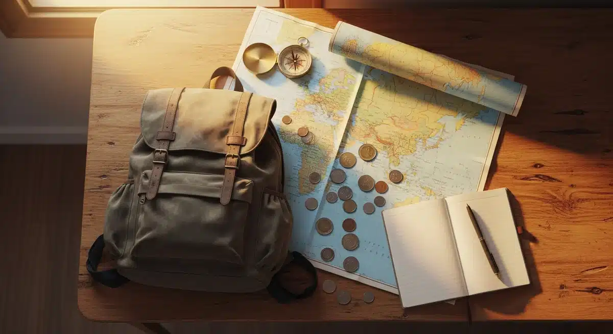 Sac à dos minimaliste avec carte vintage et boussole pour voyager libreetloin en 2026