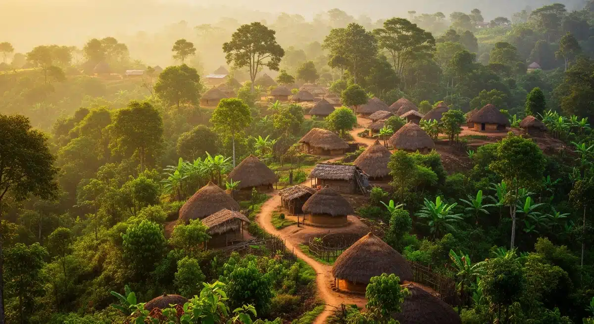 Village isolé de Lobila au Cameroun avec cases traditionnelles au toit de chaume dans la verdure